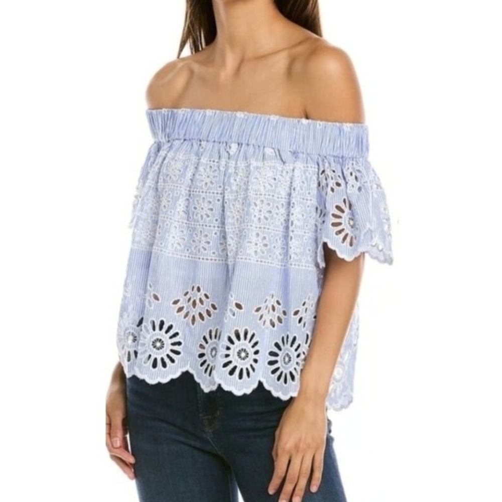 Sea New York Off Shoulder Eyelet Top Size 2 Blue White Stripe Scallop Hem‎ Boho